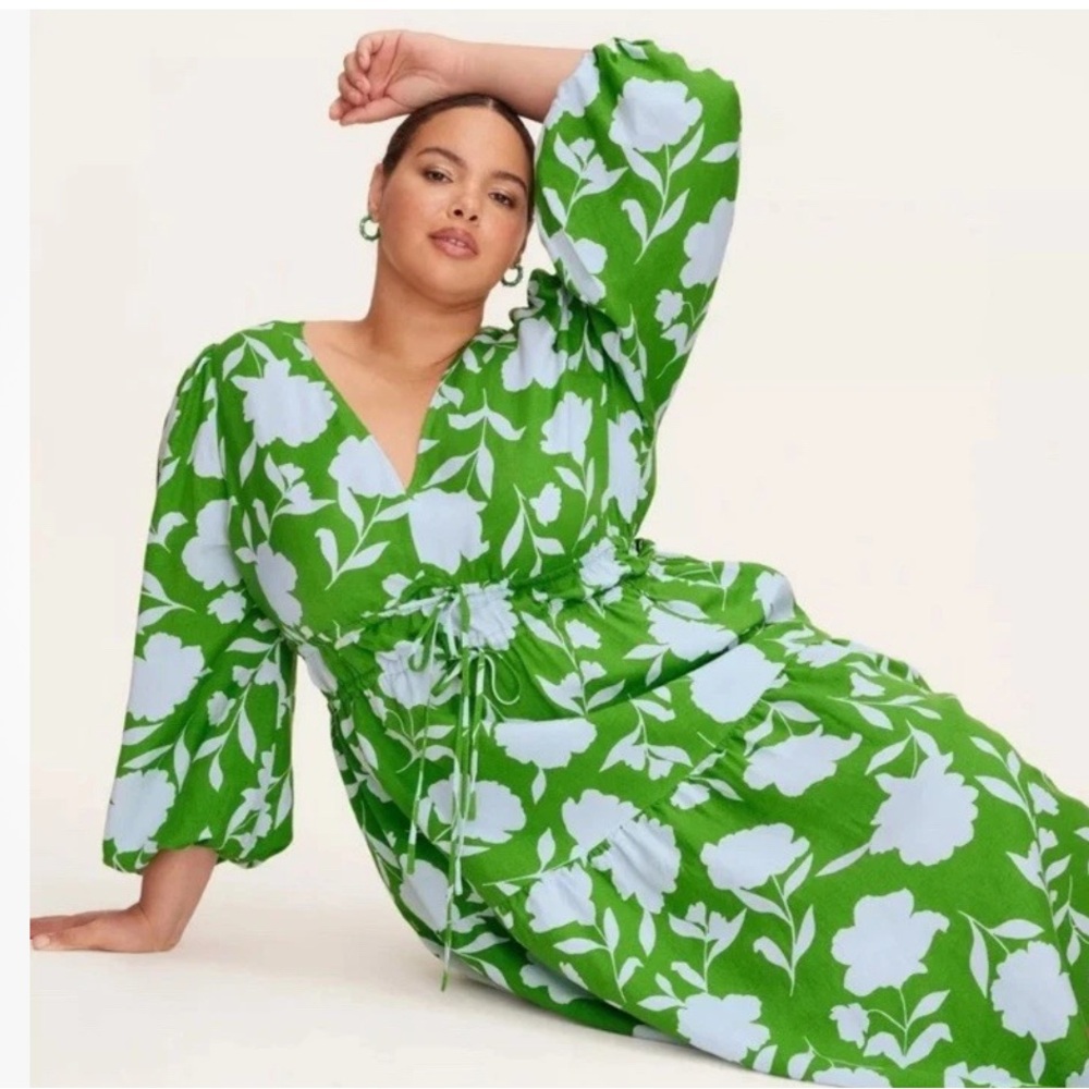 Kate Spade Green and blue Floral Midi Long Sleeve Dress